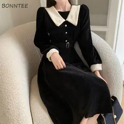 Dresses Women Vintage Design Fashion Temperament British Style Peter Pan Collar Leisure Empire Sweet Patchwork Stylish Vestidos