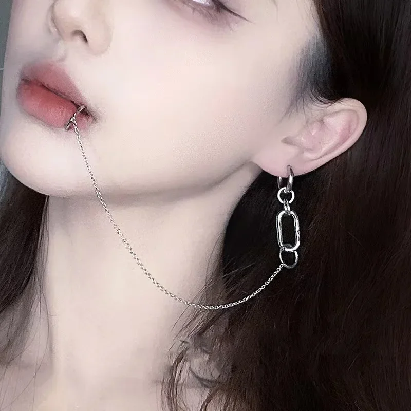 Anime NANA Okazaki Shinichi Fake Piercing Lip Clip Earrings Cosplay Punk Chain Linked Ear Clips Hinged Lip Ring Accessories Set