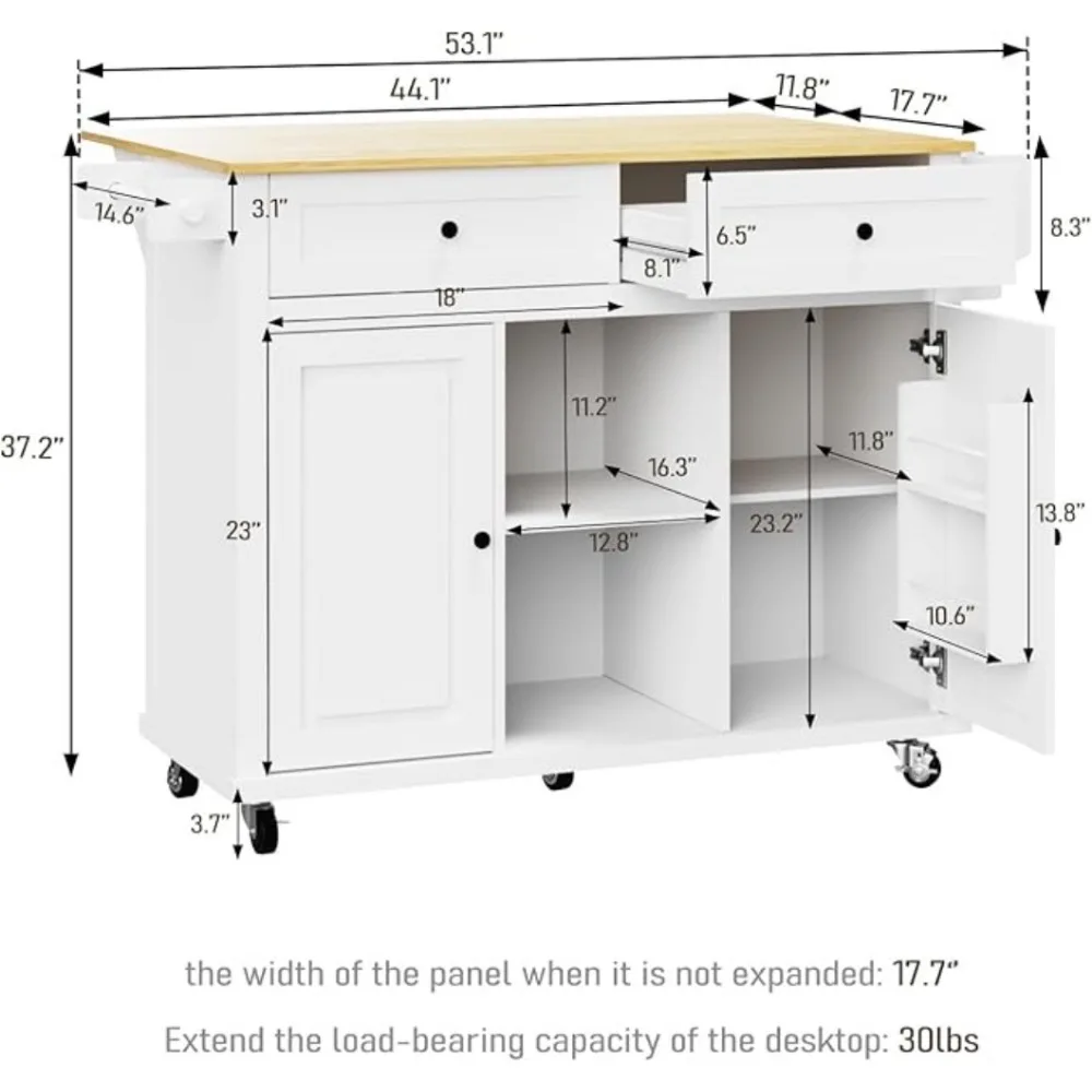 53 Inch Large Rolling Kitchen Island , Mobile Kitchen Islands Cart with  Open-Shelf, Bamboo Countertop Islands Table