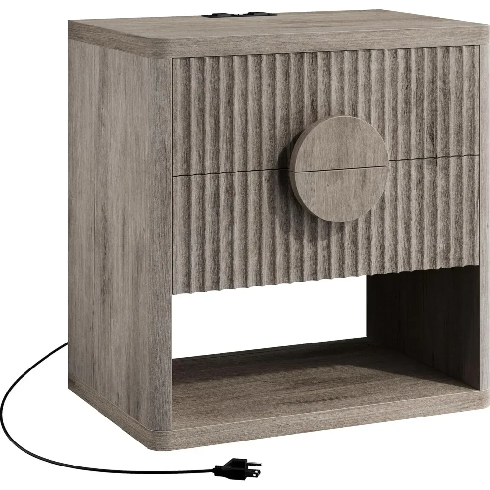 

Night Stand with Charging Station, Side Table End Table with Drawers Storage, Nightstand with Fluted Panel,