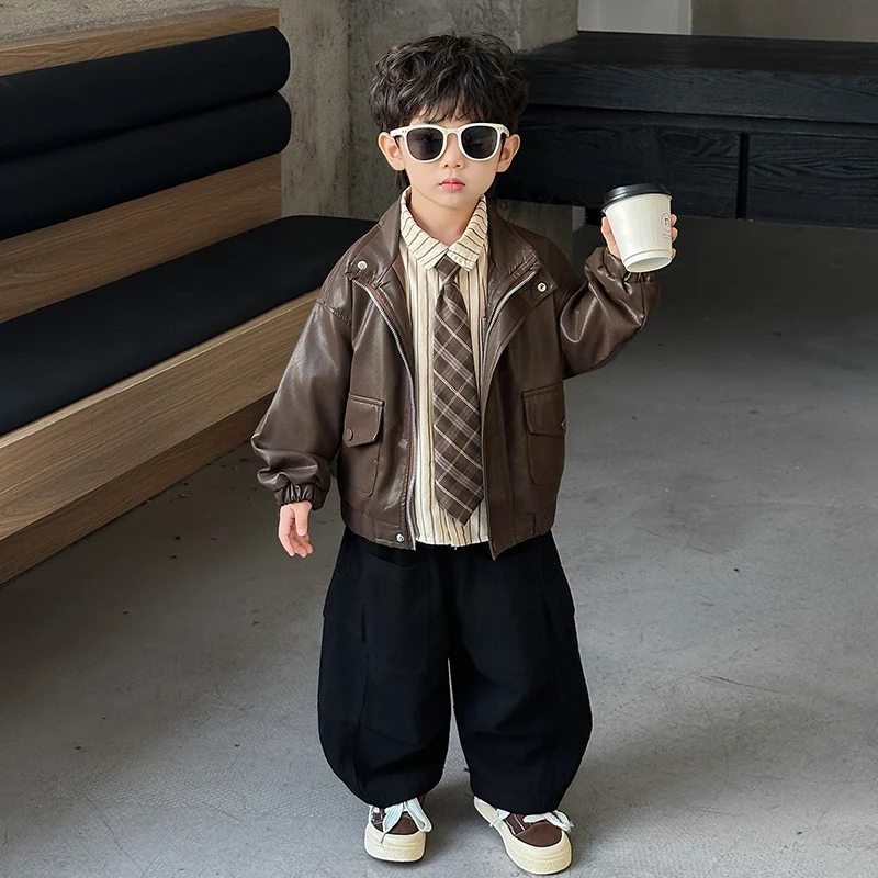 2-8Year Baby Boys Clothes Set Autumn Winter PU Leather Coat+ Shirt+ Loose Pants 3Pcs for Kids Outfits Toddler Boys Fashion Suit