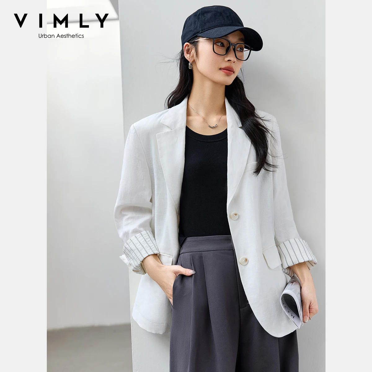

VIMLY белые льняные блейзеры для женщин, офисная модная верхняя одежда, 2025 г., женские весенне-осенние элегантные куртки, женская одежда A0173