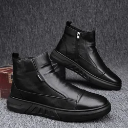 Men's Low Cut Fleece Ankle Boots Winter Slip-on Fleece Lining Cotton Shoes for Men 2024 New Thick Sole Black Casual Leather Boot