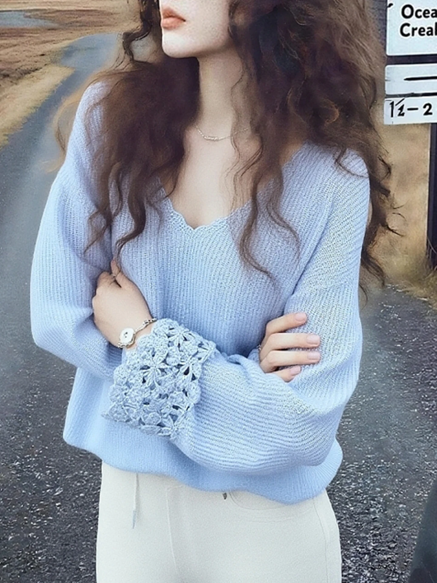 2025 Winter Commute V-Ne Long Sve Knitted Sweater Hollow out Camere Women's Loose Fit Pure Color Faion Korean Sle
