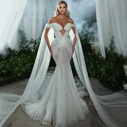 Full Pearls Wedding Dresses 2025 for Bride Mermaid Luxury Off Shoulder with Cape Dubai Bridal Gowns Robe De Mariage Customized