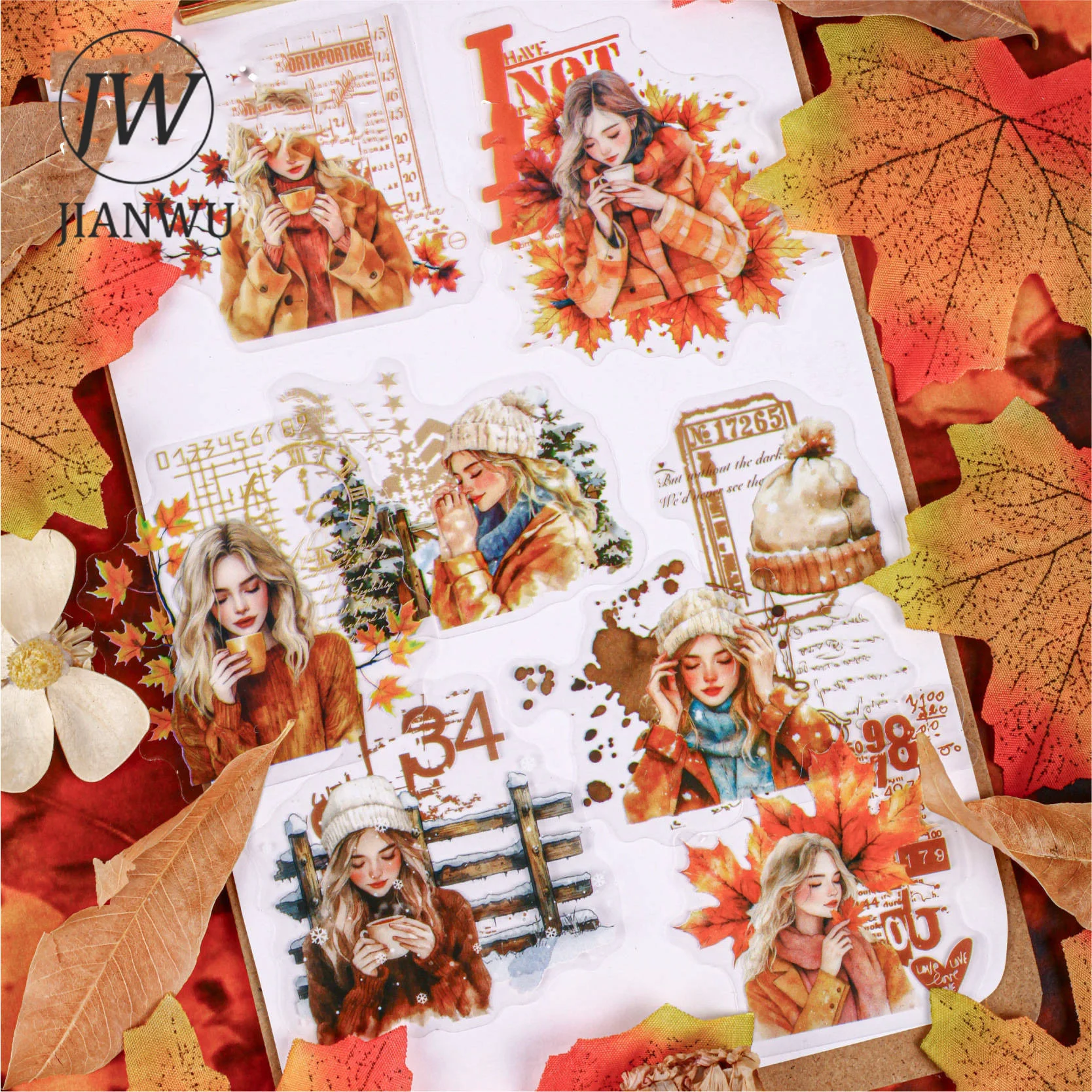 JIANWU Warm in Winter Series Vintage Character Flower Landscape Material Collage PET Sticker Creative DIY Journal Stationery