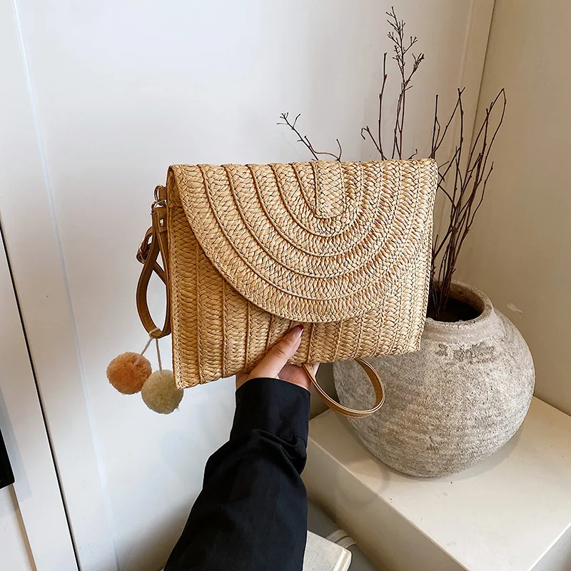 

Летний пляжный соломенный клатч, милая сумка через плечо с подвеской в виде мяча для женщин, дорожные сумки на плечо, женские повседневные сумки, плетеная сумка