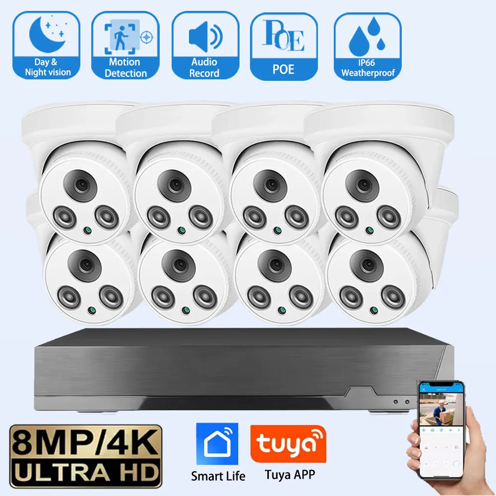 

8CH Kit with IP Camera POE 20M 8MP 4K Night Vision Audio Record Outdoor Security Remote Access Alarm CCTV System