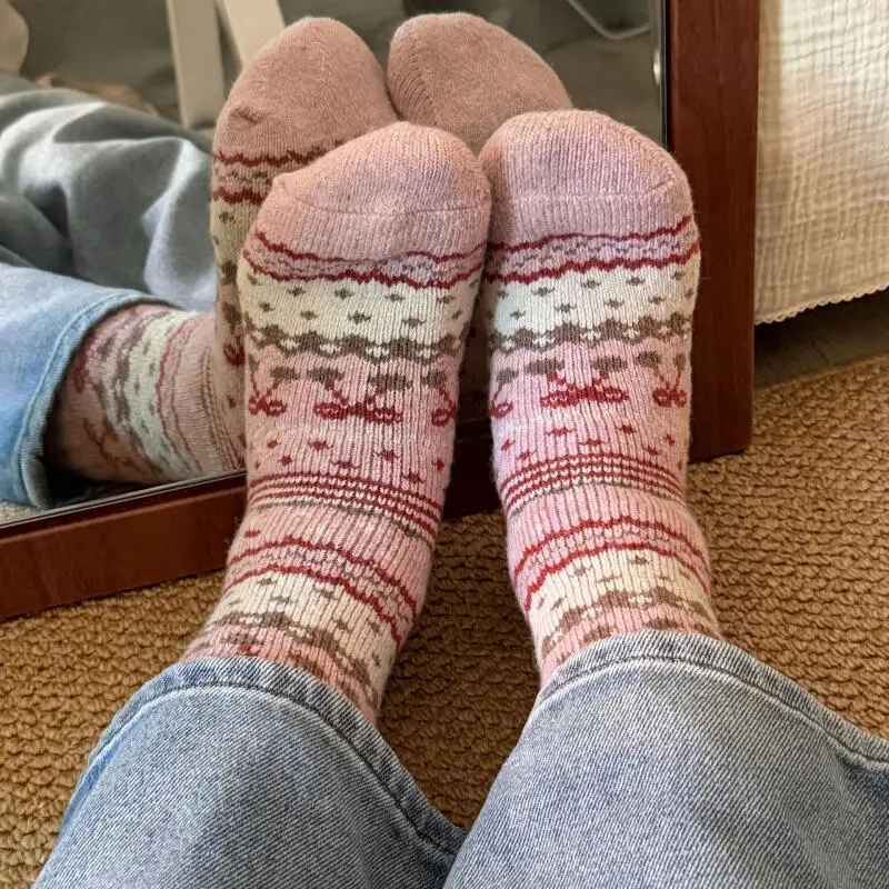 

5 Pairs Mix Warm Woolen Fleece Ethnic Style Embroidery Women Socks 2025 Winter Fair Island Socks Comfort Thick Stockings Unisex