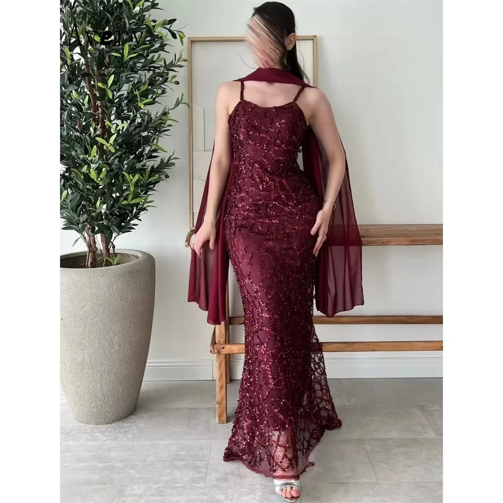 

Avery Custom Fishtail Embroidered Burgundy Spaghetti Straps Evening Dresses Ladies Wedding Guest Dresses Luxury 2026 for Party
