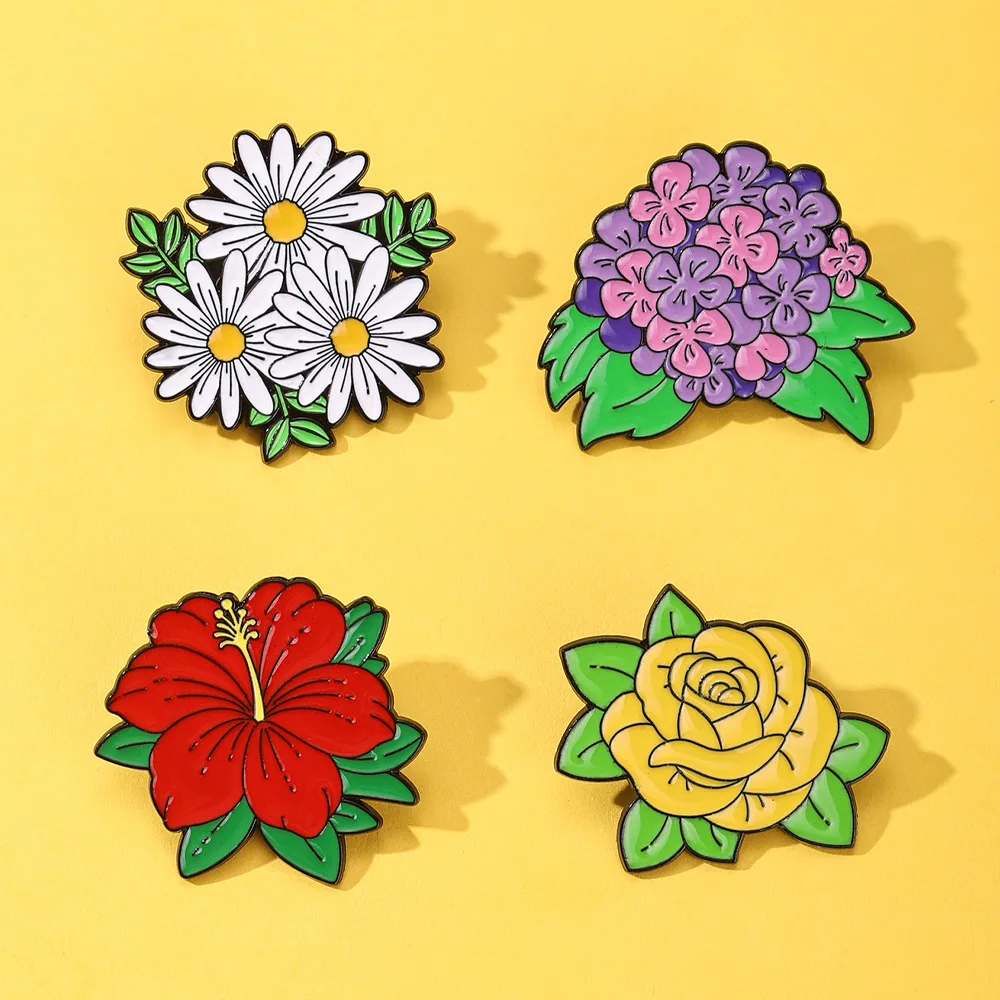 Beautiful Daisies Flower Enamel Pins Hydrangeas Metal Badge Hibiscus Lapel Pins Rose Brooch for Jewelry Accessory Gifts