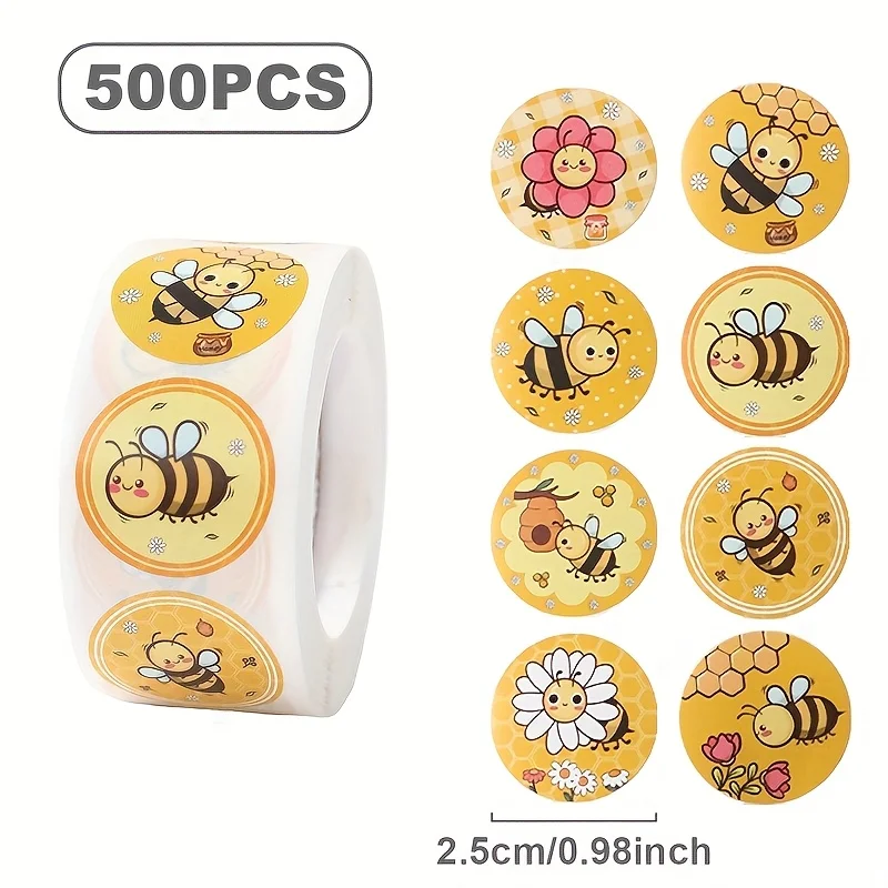 500pcs/roll, Bee Round Stickers,Yellow Bee Pattern, Bee Theme Party Cartoon Stickers,Decor,Happy Birthday Party Decoration - view 3