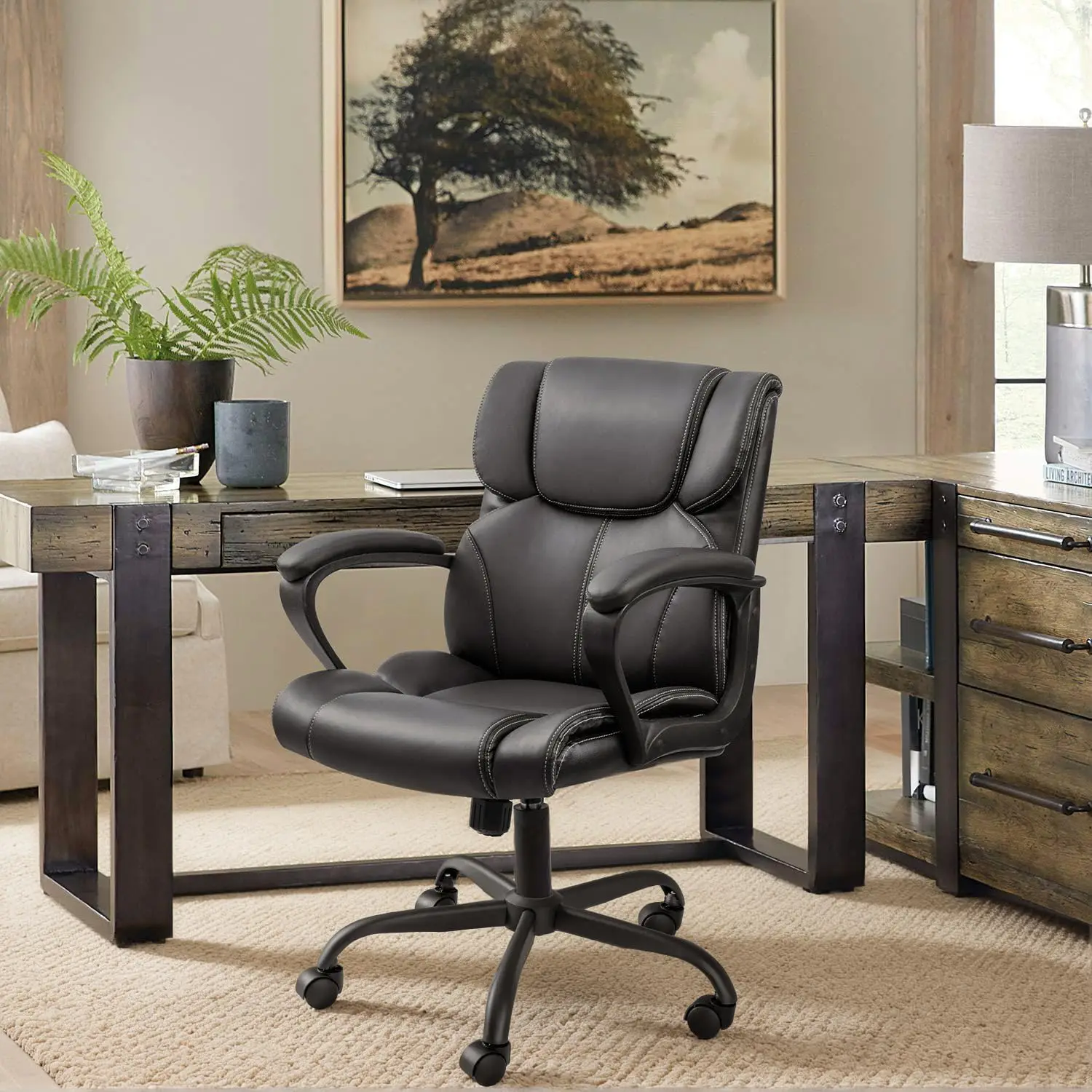 Chaise de Bureau Ergonomique Rembourrée en Cuir, Siège à Dossier Moyen, avec Accoudoirs, pour Travail sur Ordinateur, avec Support Lombaire