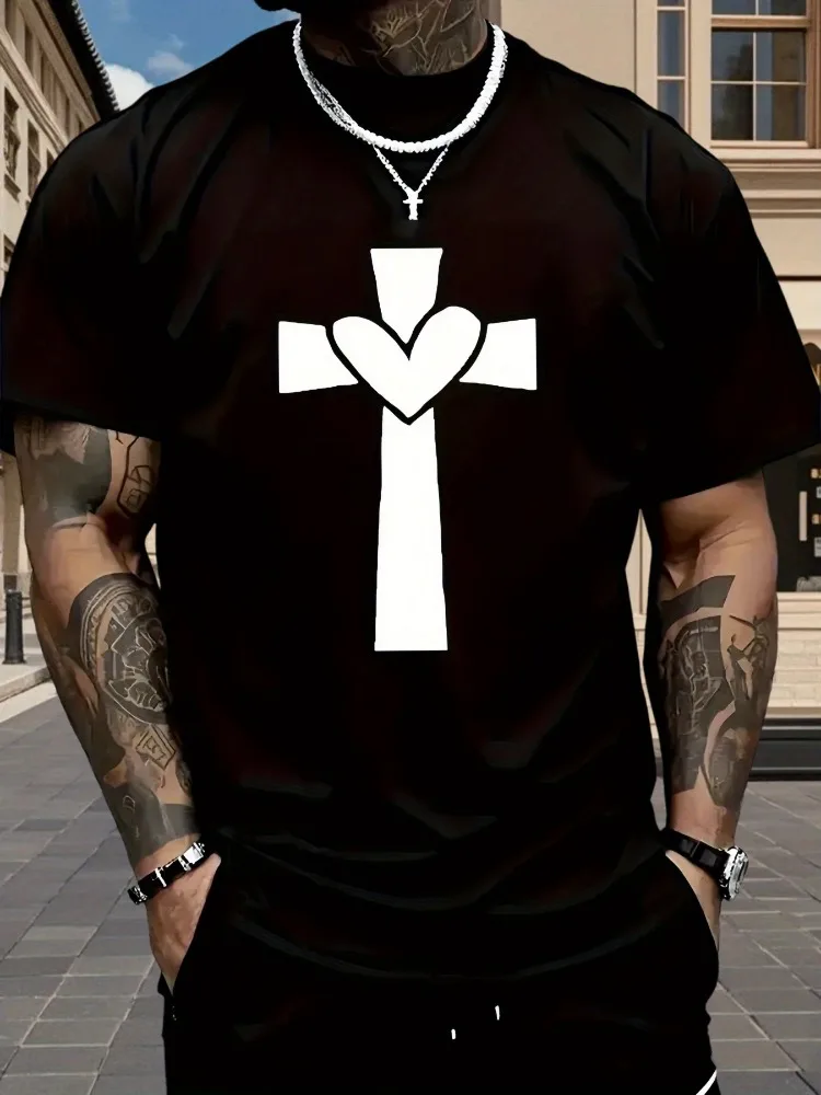Mens Cotton Crew Neck Short Sleeve Tee Heart Cross Faith Love Graphic Casual Street Daily Soft Loose Fit Male Outdoor Basic Wear