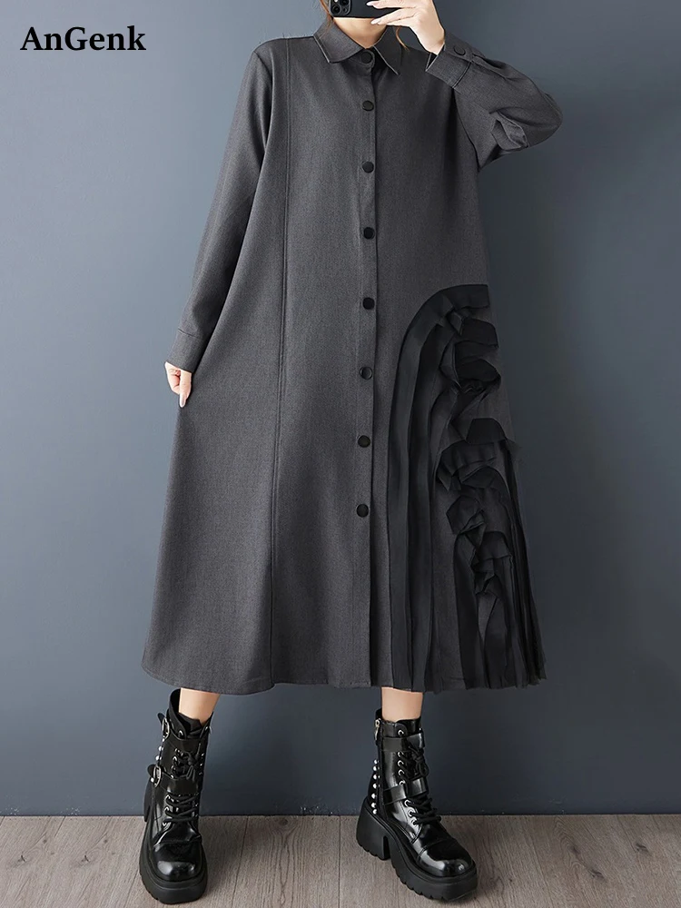 Oversized retalhos preto vintage camisa vestidos para as mulheres primavera outono nova manga longa solto vestido casual roupas elegantes 2025