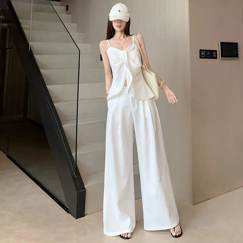 Summer fashion romantic gentle two-piece set women high-end French style design sense bow chic suspender+wide leg pants set