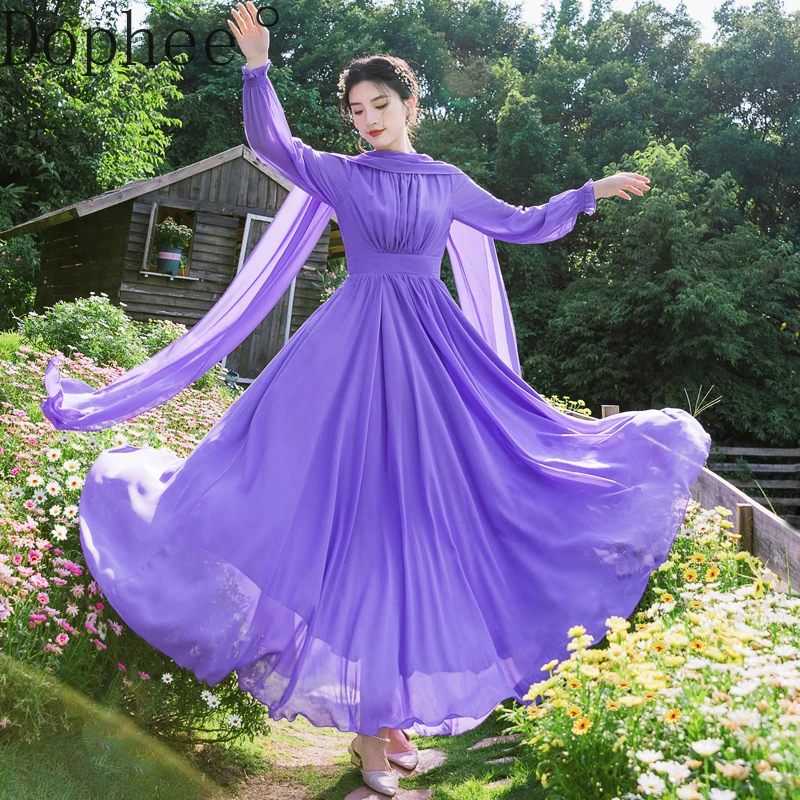 

Purple Ribbon Lantern Sleeve Dress Women Spring Summer Mopping Floor Beach Dress Solid Color Elegant Long Sleeve Chiffon Dress