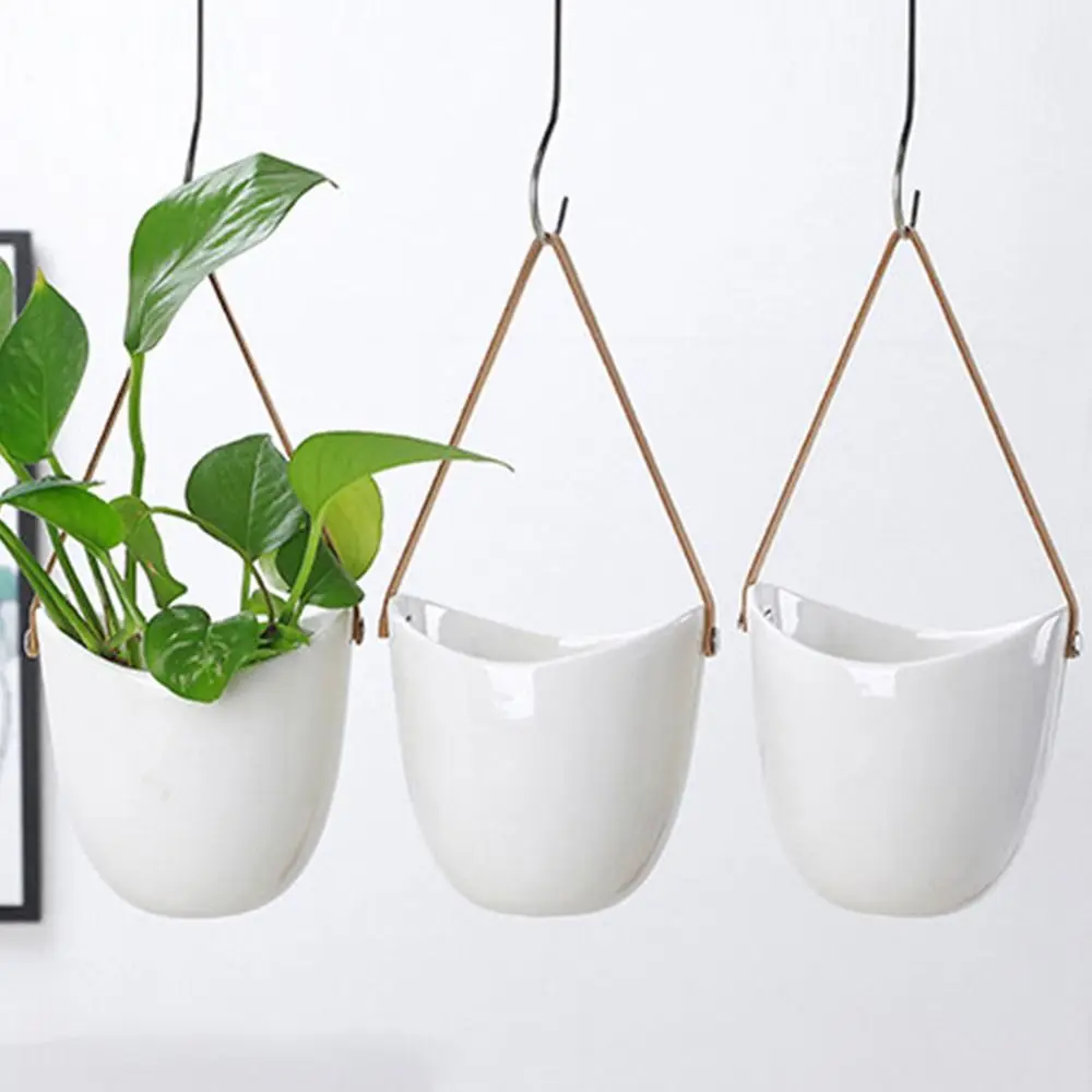 Portable White Wall Hanging Flower Pot Ceramic Thickened Hanging Flower Basket Sturdy Hydroponic Planter Holder Flower