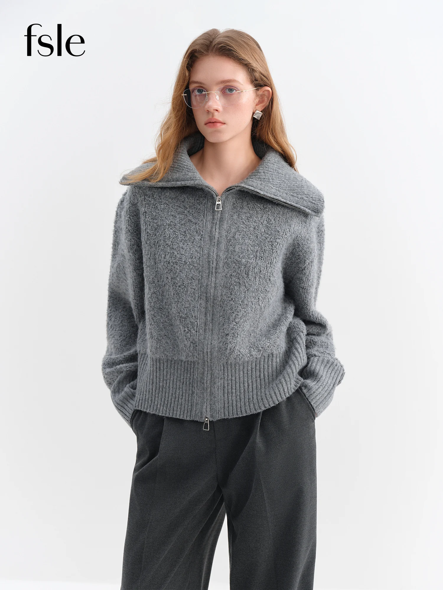FSLE 2025 Winter Women's Grey Preppy Style Wide Notch Lapel Knit Cardigan - Casual Commute Open Front Sweater for Daily Elegant