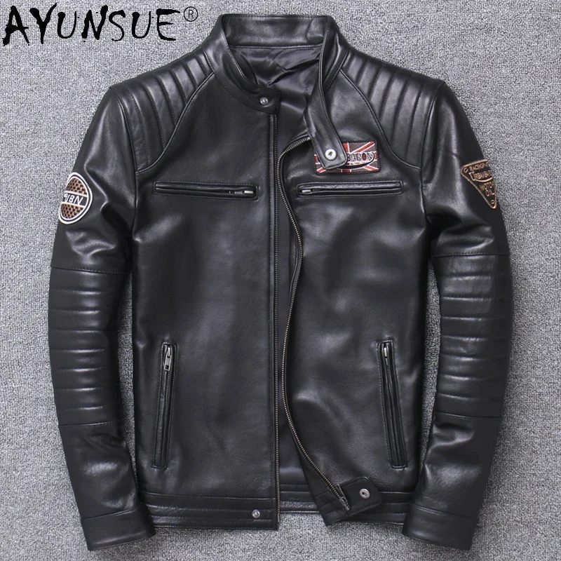 AYUNSUE Genuine Leather Jacket Men Vintage Natural Cowskin Coat Spring Autumn Mens Leather Motorcycle Jackets Chaquetas Hombre