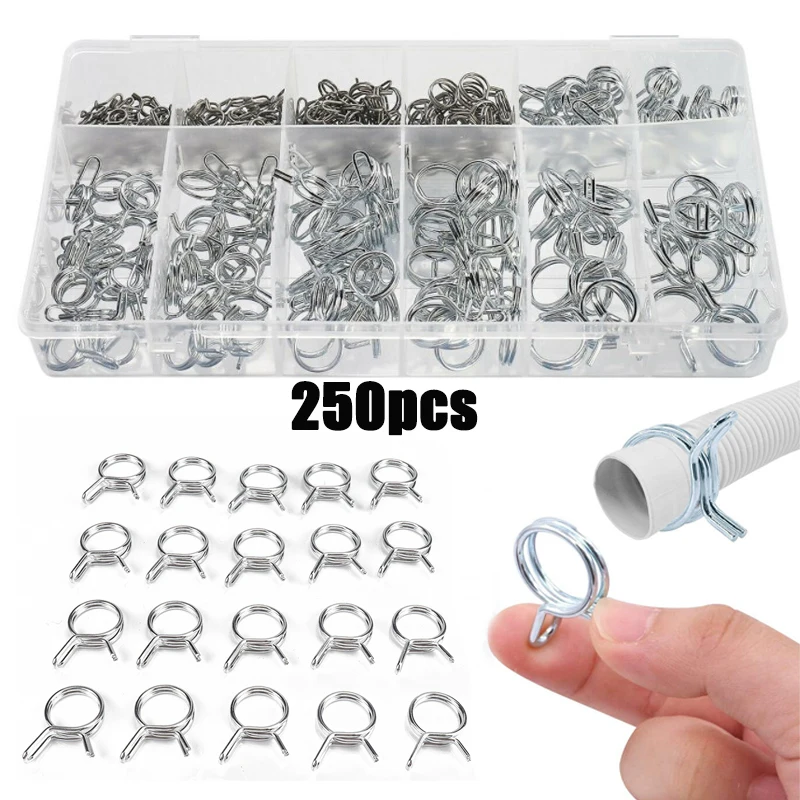 

250pcs Metal Double Wire Hose Clamp For 5-14mm Clips Water Pipe Air Tubing Fuel Line Hose Tube Spring Clips Clamp Kits Car