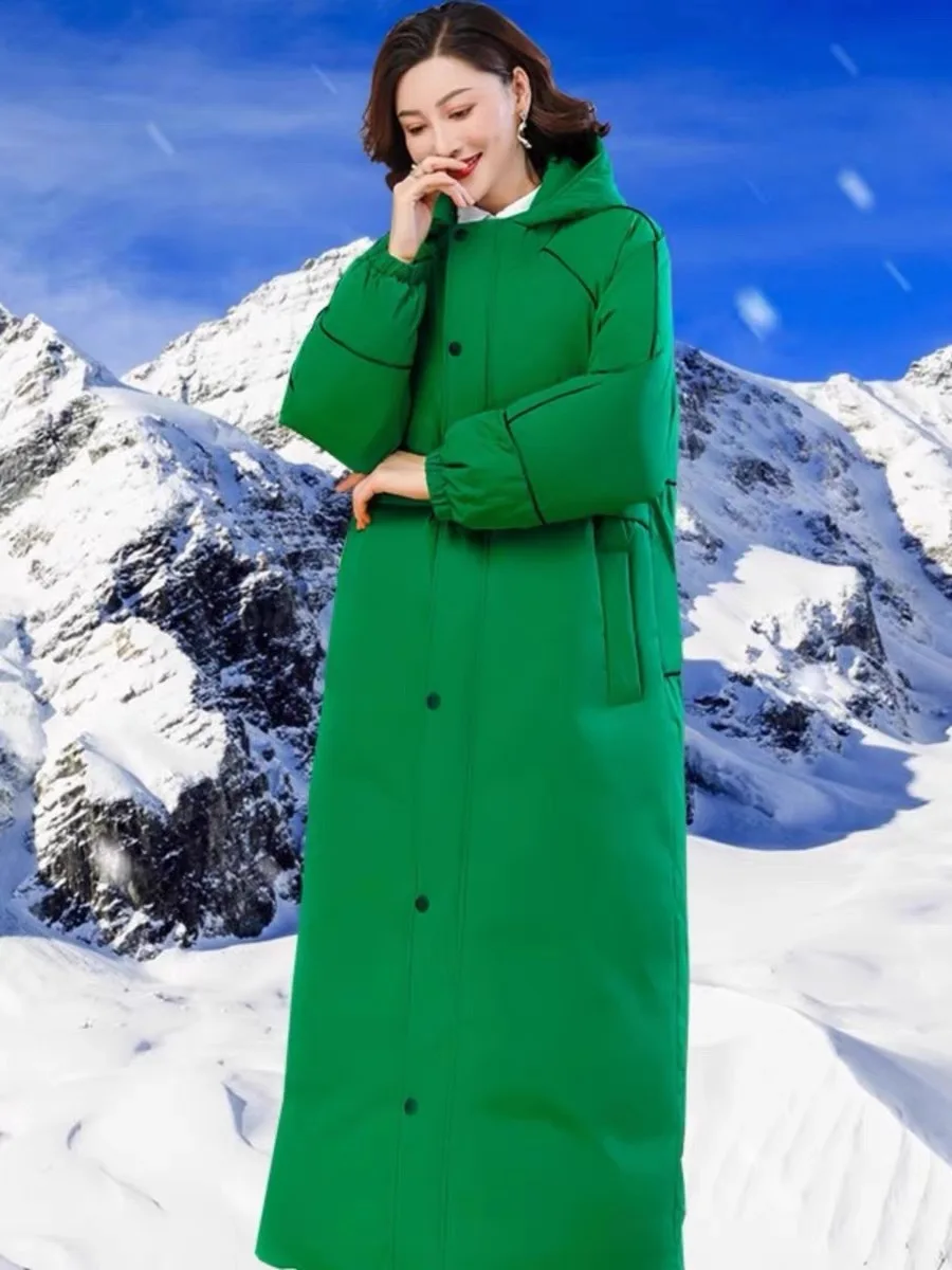 130cm Great Quality Duck Down Coats Winter Women\'s Green Hooded down coats female thicker warm jacket Fluffy Parkas wy1806