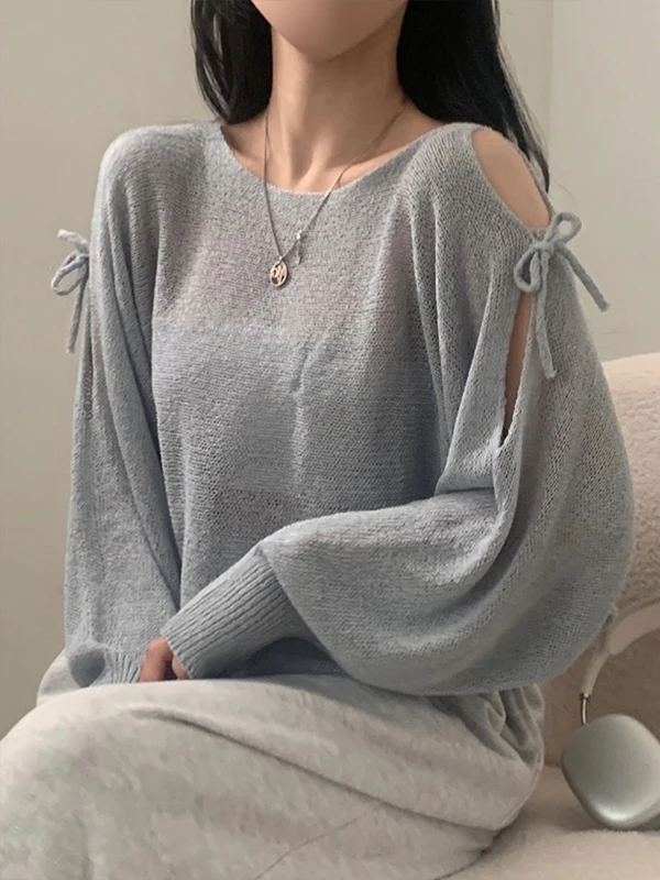 Suéter f solto estilo coreano, primavera, novo estilo, cinto, ombro nu, dividido, transparente, manga crida, top de...