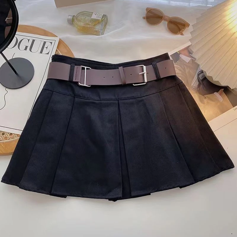 Solid Belt Mini Skirt Women Streetwear High Waist Black Pleated Skirts Preppy Korean Fashion Casual All Match A Line Skirt New