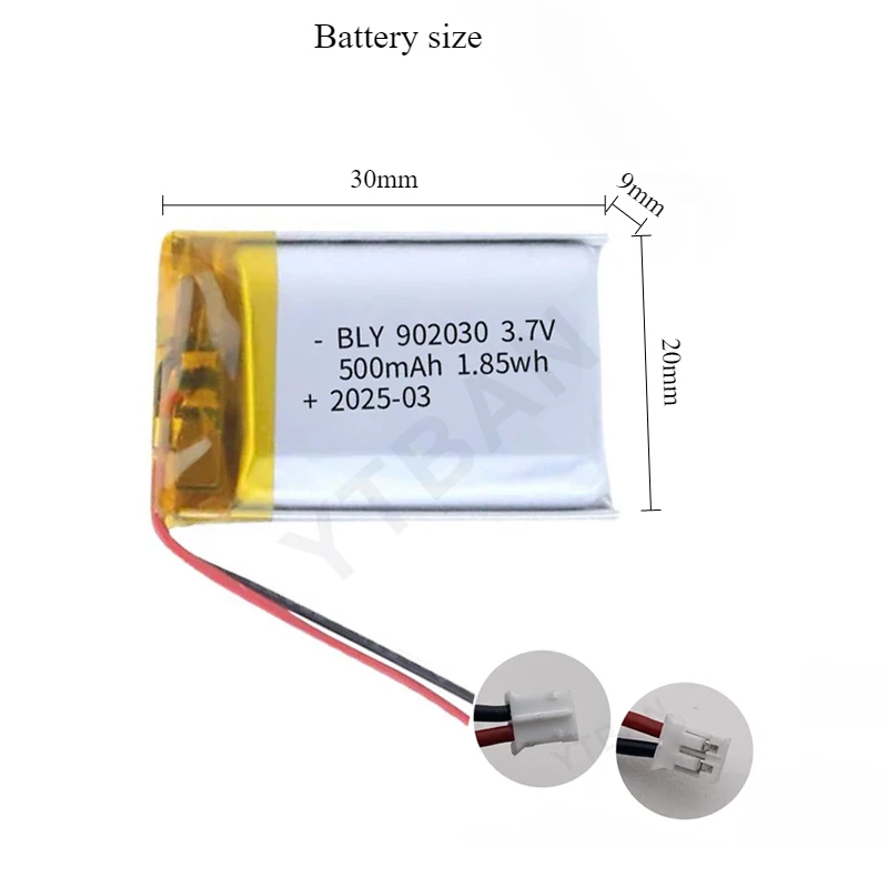 902030 폴리머 리튬 이온 충전식 배터리, 가전 장난감, LED 조명, 블루투스 스피커용, 3.7V, 500mAh