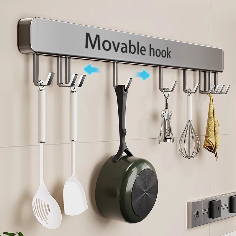 

No Punching Required Kitchen Hooks Slide Move Aviation Aluminum Removable Wiping Cloth Pot Shovel Carrier Kitchenware Storag