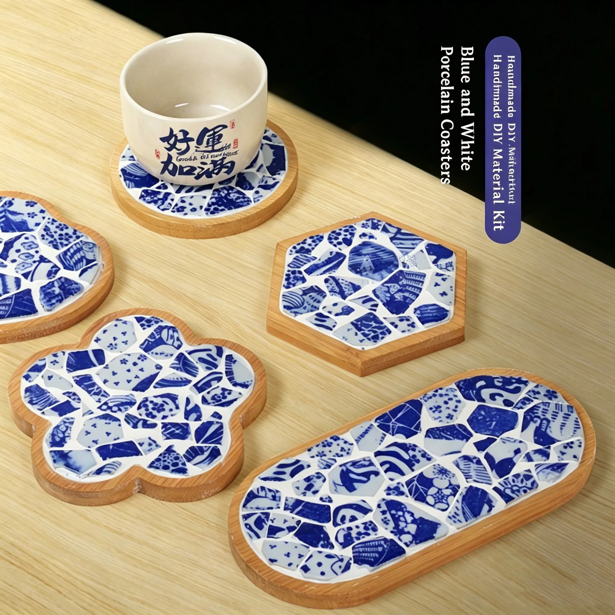 DIY Blue White Porcelain Coaster Material Kit Bamboo Base Handmade Cup Mat Set Parent-child Interactive Craft Kit for Home Decor