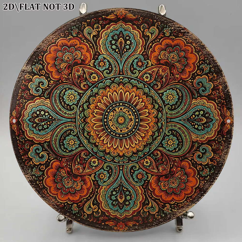 2D Flat, 1pc 8x8in/20x20cm 2D Flat Round Sign, Vintage Plaque with Mandala Pattern, Ethnic Style Floral Decorative Sign, Suitabl
