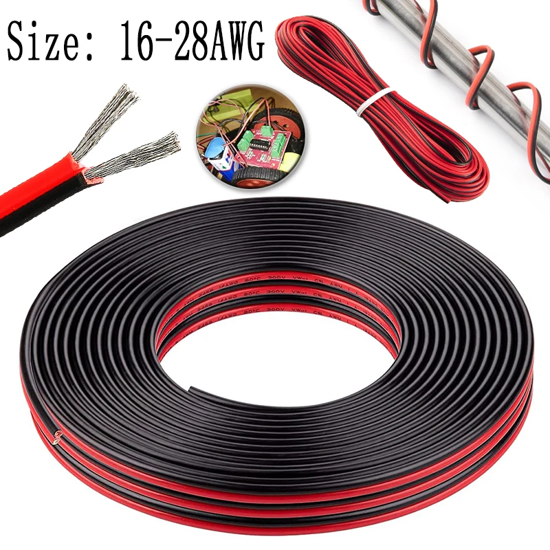 5/10m 2 Pin Electrical Wire Coppers 16/18/20/22/24/26/28 AWG Insulated PVC Extension LED Strip Cable Red Black Wire