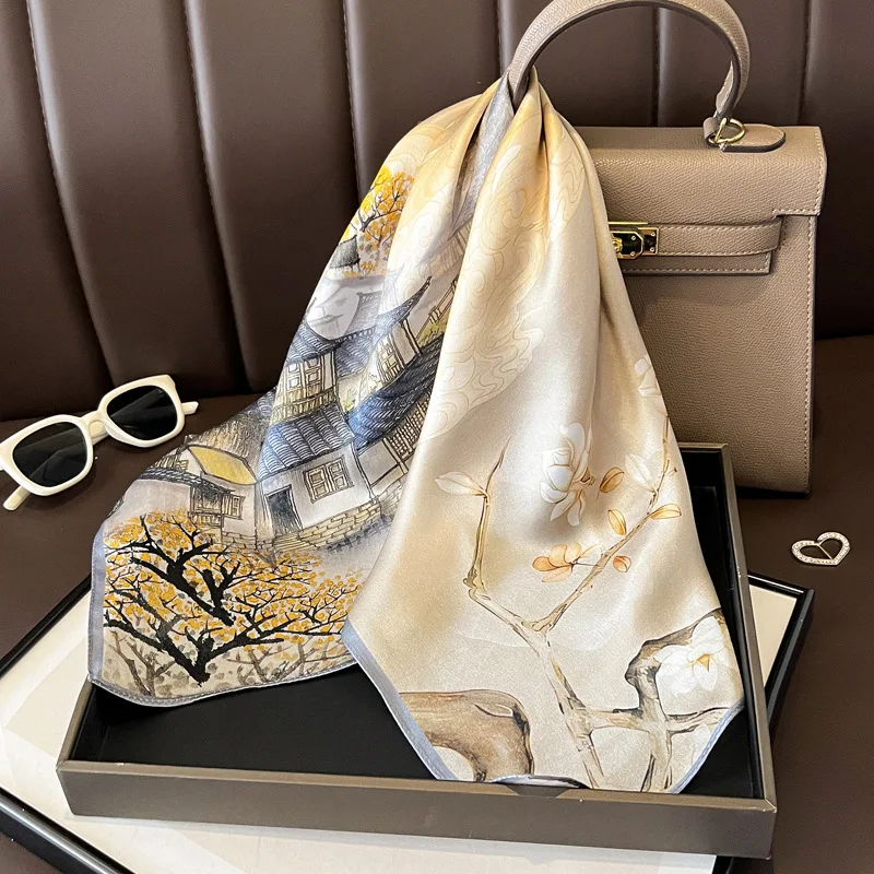 

52cm High-end Green Flower Silk Scarf Versatile Mulberry Silk Square Scarf for Women in Spring and Autumn Decorative Scarfs