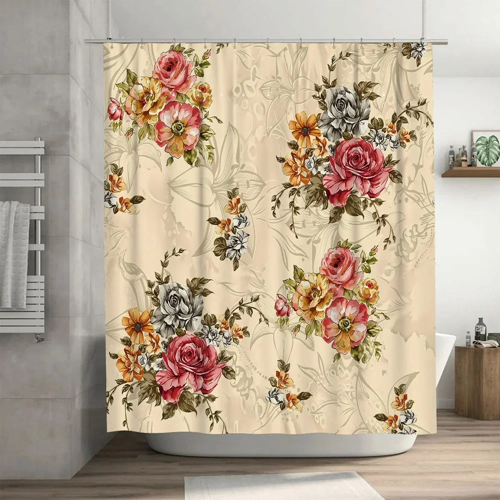 Eleganter Duschvorhang mit Vintage-Blumendruck, hochwertiger wasserdichter Stoff für Badezimmerdekoration, moderne Heimdekoration in Weiß, Rosa