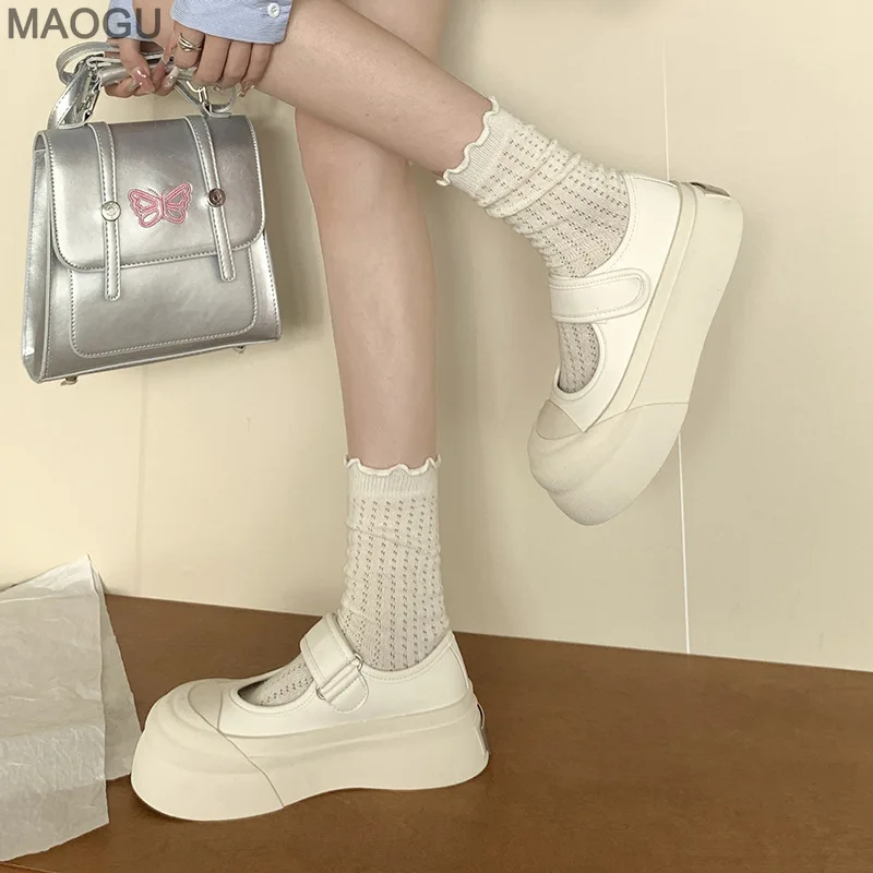 Women's Round Toe White Shoes Buckle Straps Thick Bottom Casual Shoes Chunky Sole Height Increasing Sneakers Daily Footwear view 4