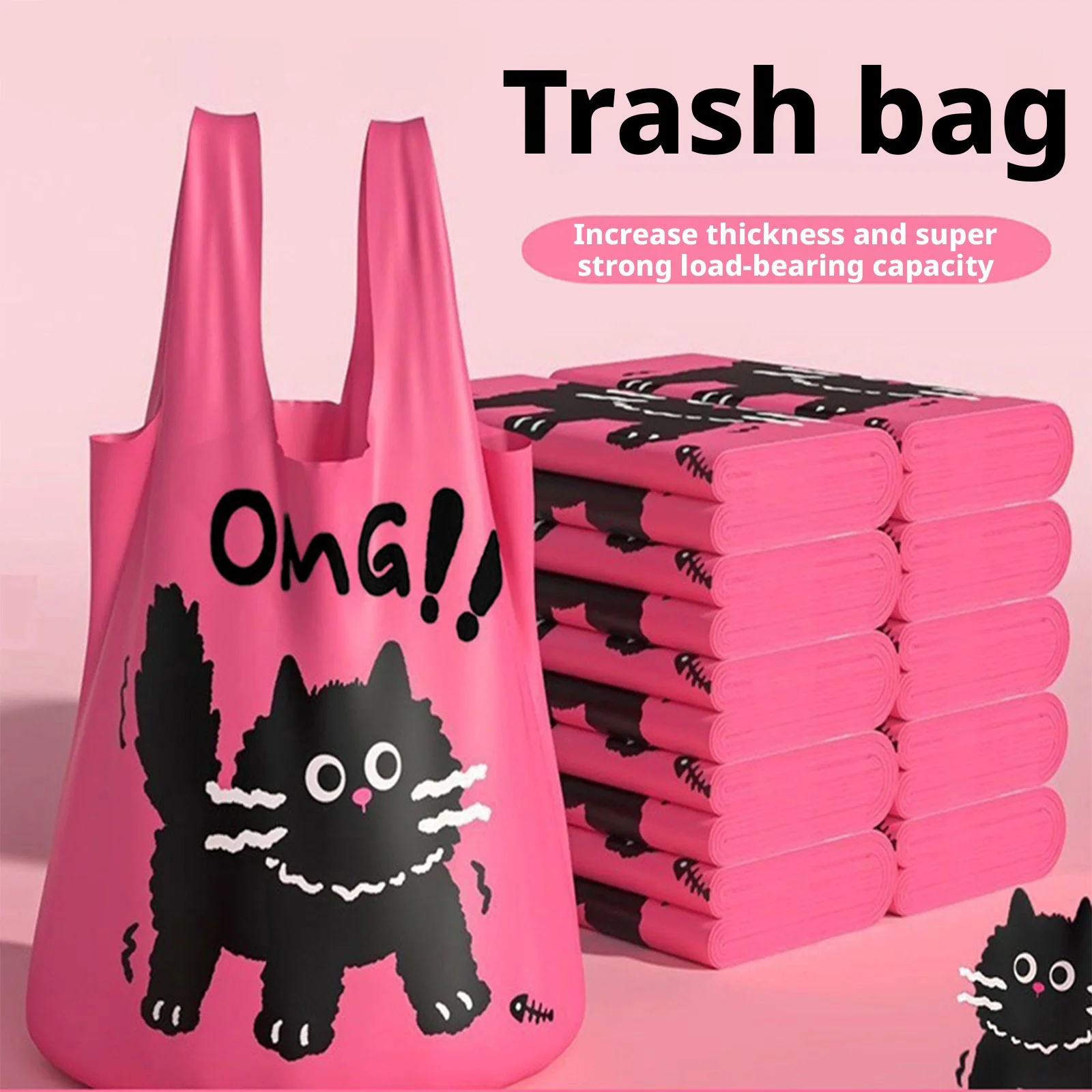 150-Pack Pink Black Cat-Shaped Trash Bags, a Bundle of 50 Trash Bags, Household Vest-Style Thick Large Garbage Bags for Living Room and Kitchen, Extra Thick Cleaning Plastic Bags