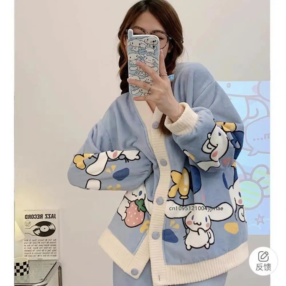 Kawaii 2 ชิ้น Cinnamoroll ชุดนอนขนแกะปะการังการ์ตูน Sanrio Kuromi ฤดูใบไม้ร่วงฤดูหนาวการ์ตูน Loungewear สาวเสื้อสเวตเตอร์ถักกางเกง Homewear