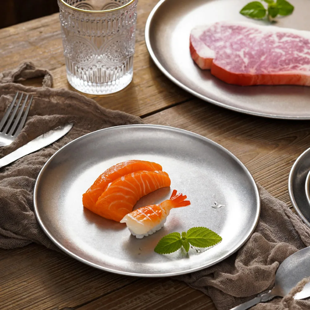

2Pcs Aesthetic Stainless Steel Plate Vintage Snack Dish Dinner Dish Korean Style Shatterproof Metal