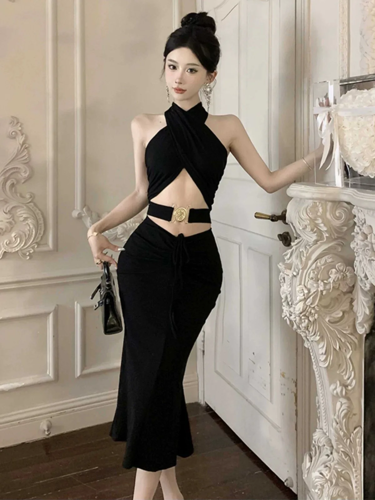 Women Night Club Dinner Banquet Sets Summer Top Skirts Sexy Suits Slim Sets Lady Party Sister Halter Top Waist Belt Design Sets