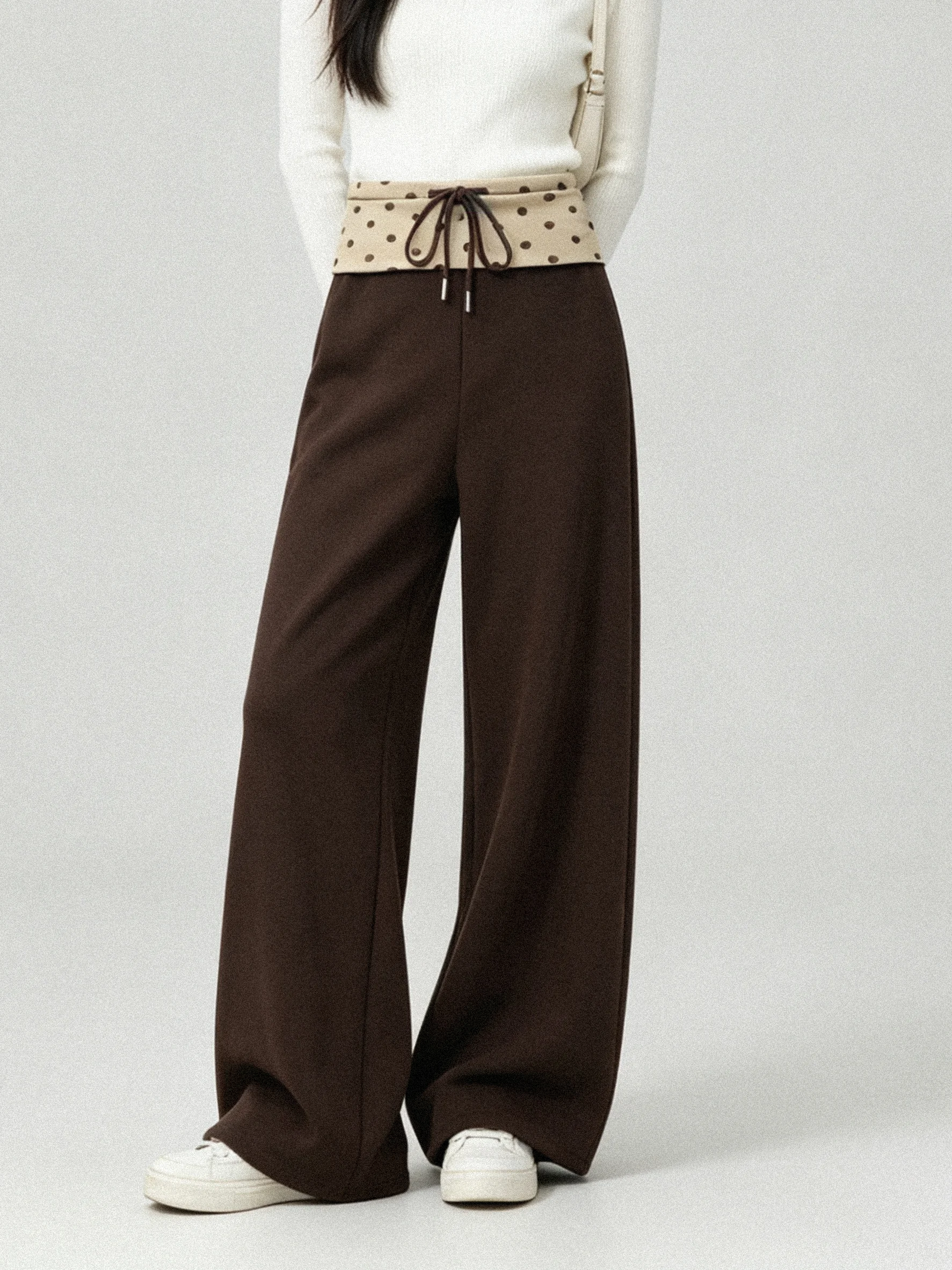 Skin-Friendly Casual Pants Women's Checkered Wide Leg Pants Drawstring Elastic Waist Polka Dot Cuff Autumn Fashion Pants