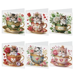 6Pcs Diamond Art Painting Greeting Card Kits,Teacup Cat festival Greeting Cards with Envelopes Diamond Art Craft Birthday Cards