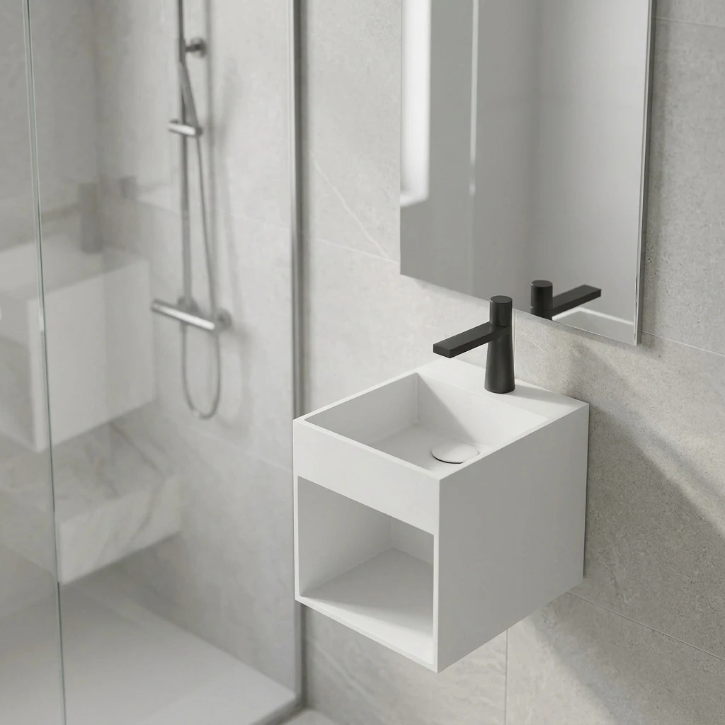Modern Wall Hung Solid Surface Bathroom Sink Rectangular Single Wash Basin Easy Clean Custom OEM ODM Factory