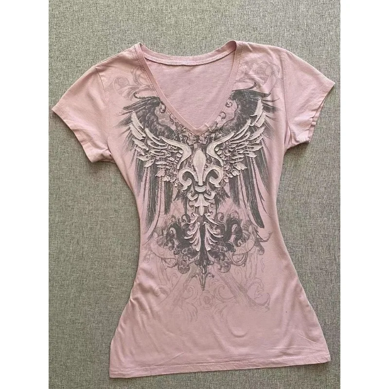 

Women's Summer Top T-shirt Retro Vintage V-neck Pink Short Sleeves Slim Fit Tailored Waist New Comfortable Versatile Fashionable