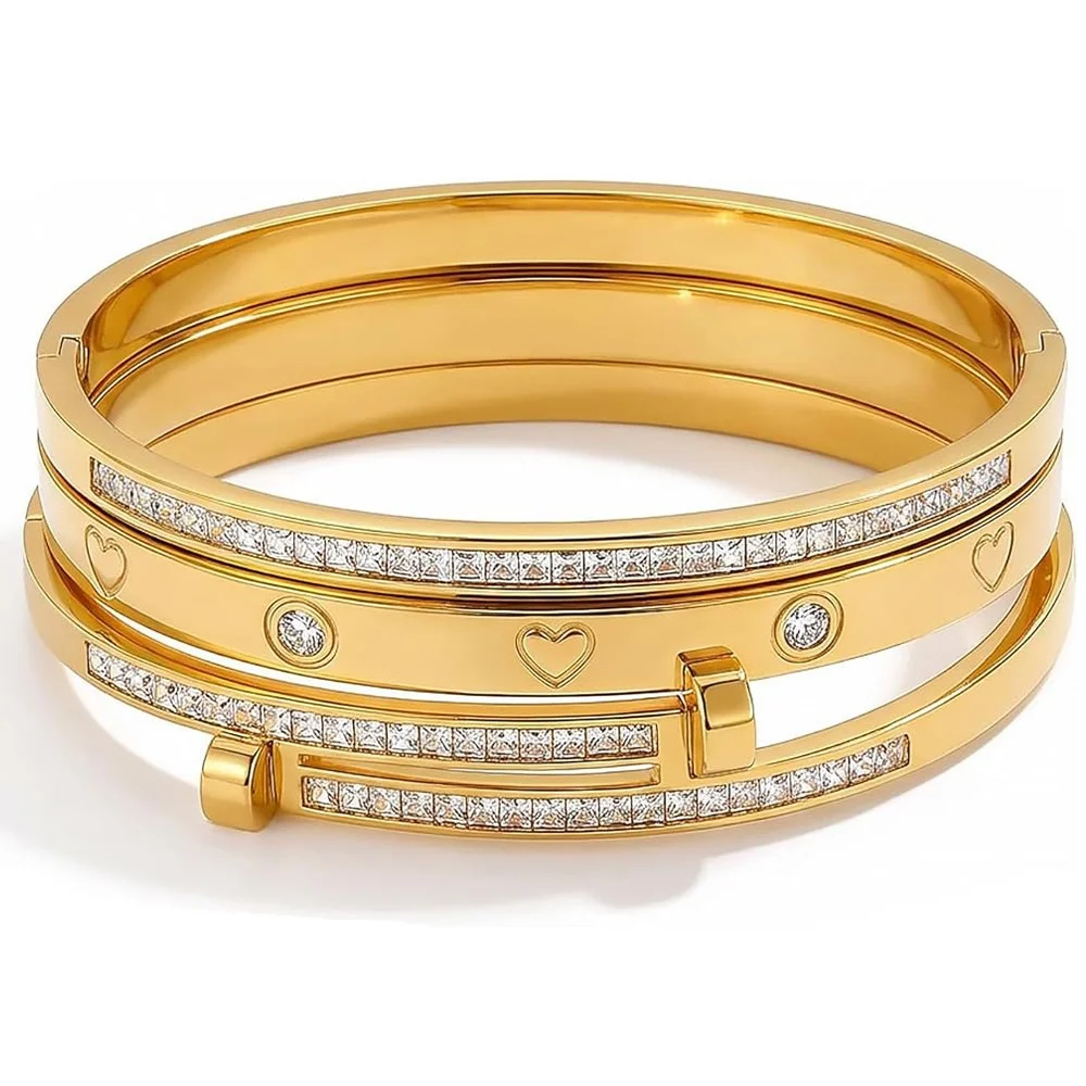 Stainless Steel 18K Gold Plated Bangle for Women Waterproof Non Tarnish Heart Engrave Square CZ Screw Bracelet Jewelry Gifts