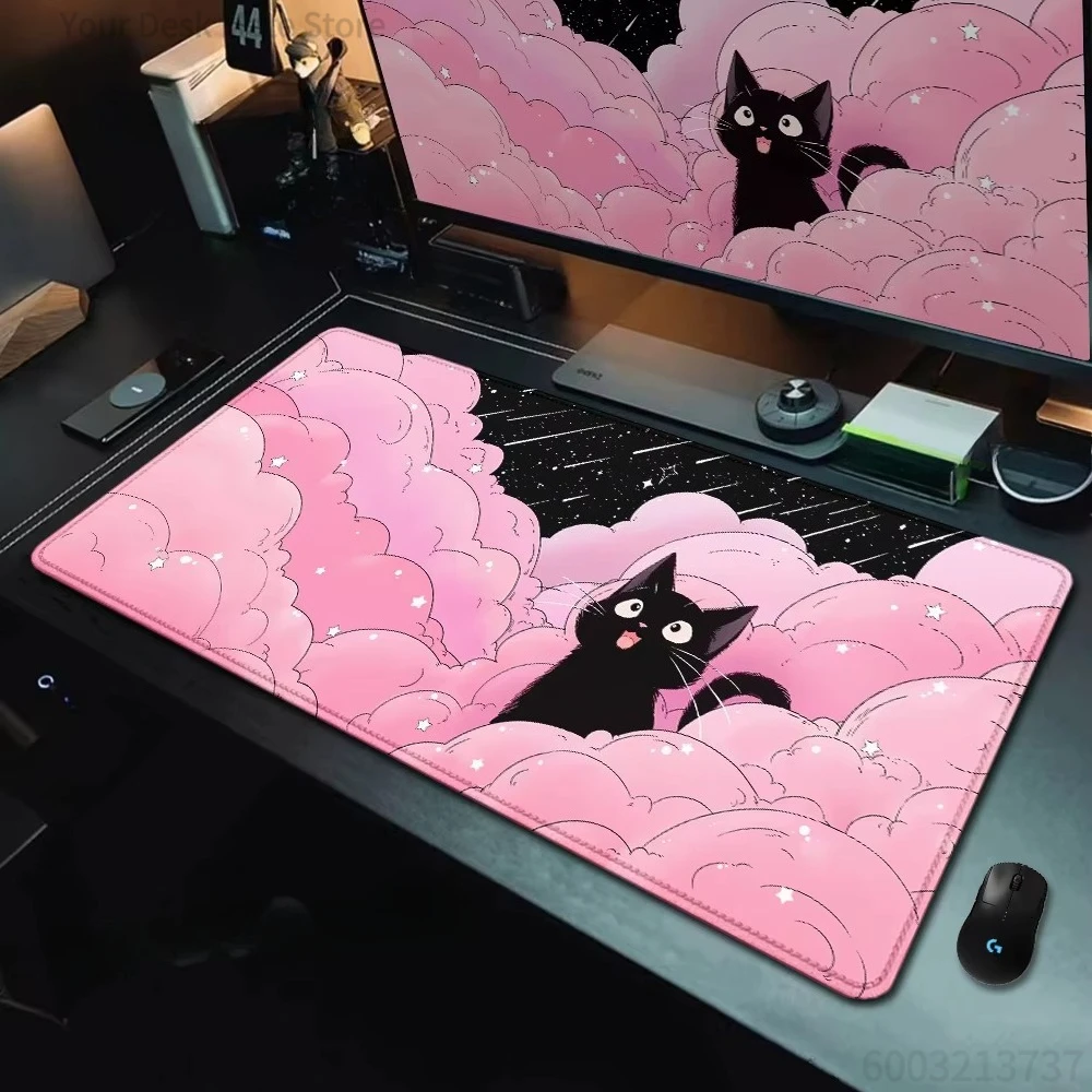 

Cute Black Cat in Pink Clouds Large Mouse Pad Kawaii Starry Sky Desk Mat for Gaming Office