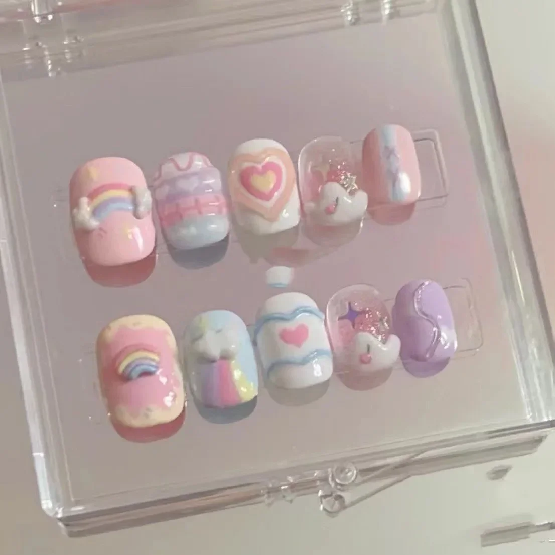 Press On Nails Handmake Dreamy and Cute Fairy Rainbow Round Wearable Fake Nail Patches That Are Removable and Reusable