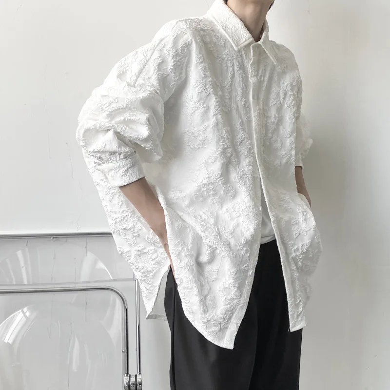 Men's Embossed Long Sleeve Tailored Collar Shirt Spring Casual Loose Fit Unisex Lightweight Jacket Fashion Streetwear