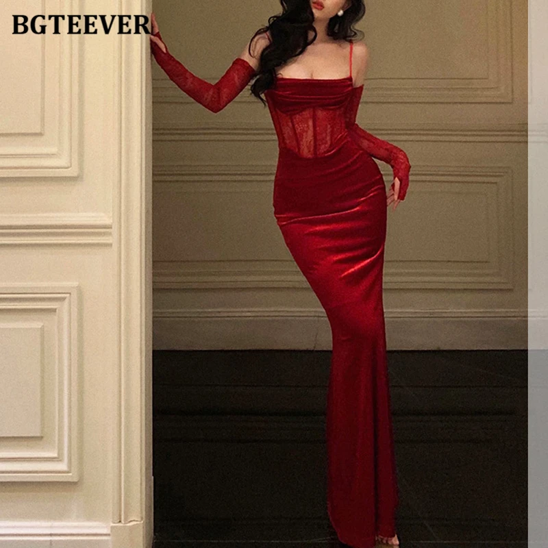 BGTEEVER Sexy Elegant Long Sleeve Female Strapless Bodycon Skinny Dress Autumn Winter Slim Waist Ladies Package Hip Velvet Dress