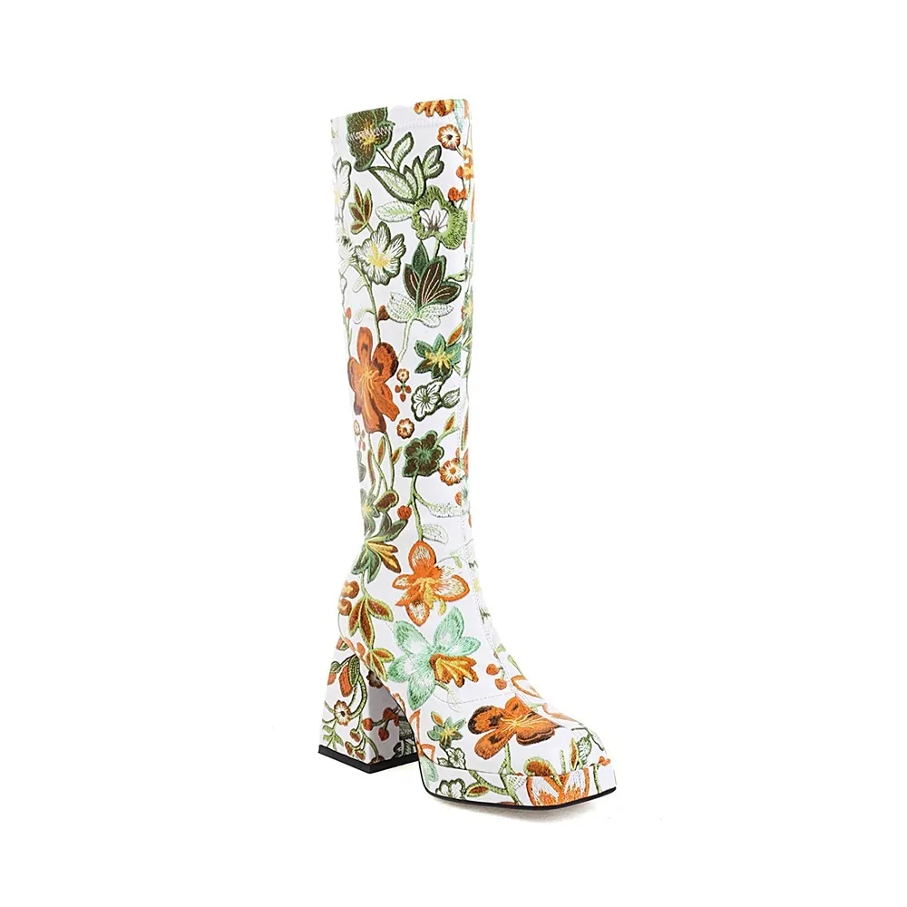 Colorful Floral Ultra-High Thick Heel Women's Knee-Length Boot Square-Toe Waterproof Platform Tapered Print Breathable Long Boot